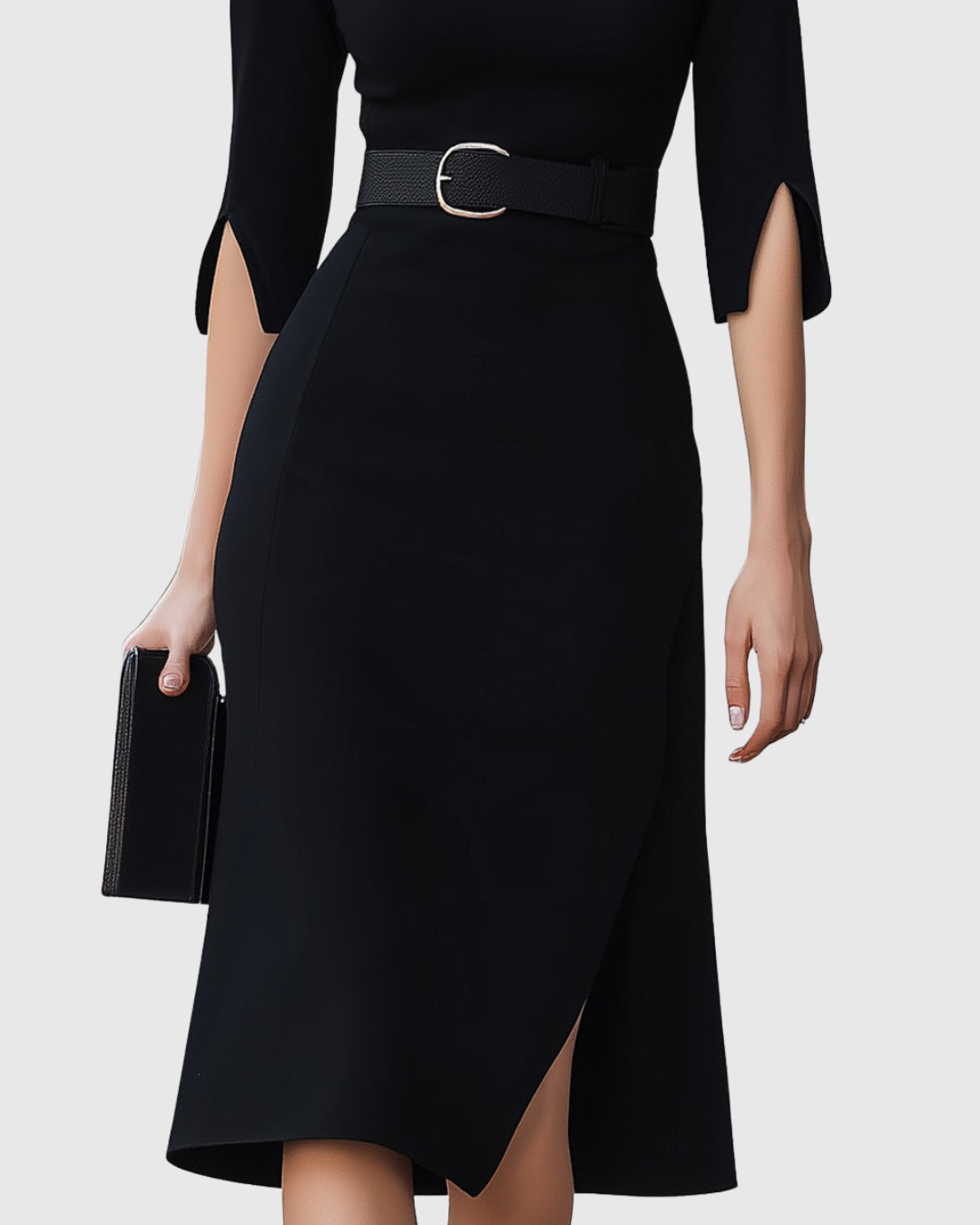 Sophia | Women Classic Black Belted Midi Dress
