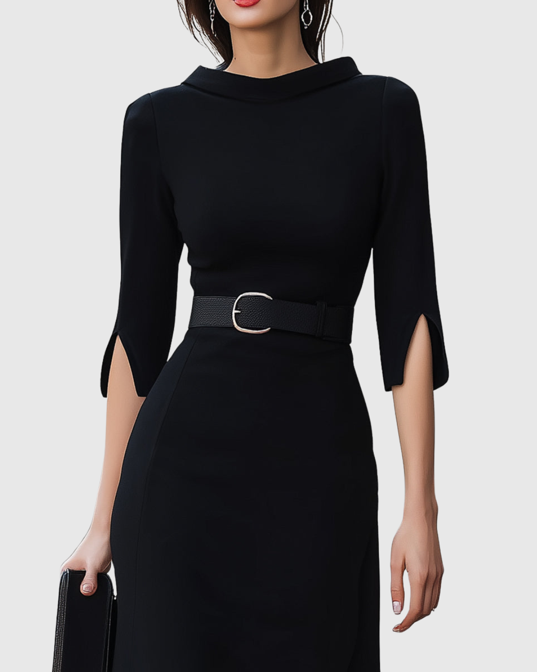 Sophia | Women Classic Black Belted Midi Dress