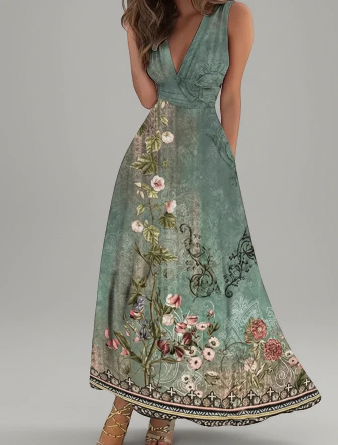 Floral V-Neck A-Line Midi Dress for Women