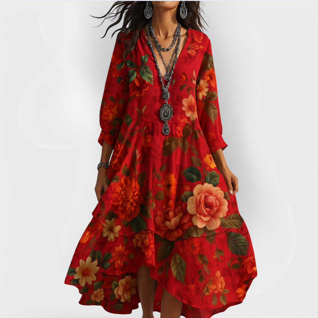 Mia | Women Summer Vintage Boho V-neck Midi Dress
