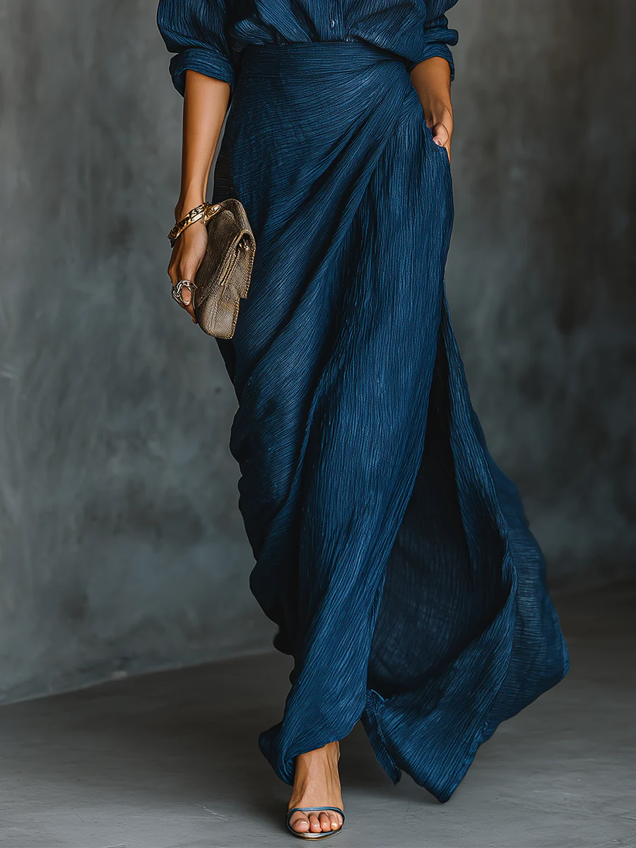 Maria | Women Summer Elegant Dark Blue Shirt & Long Skirt Set
