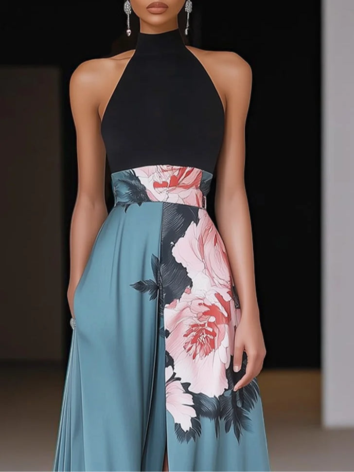 Paige | Women Summer Black Slit Floral Classic Crew Neck Sleeveless A-Line Maxi Dress