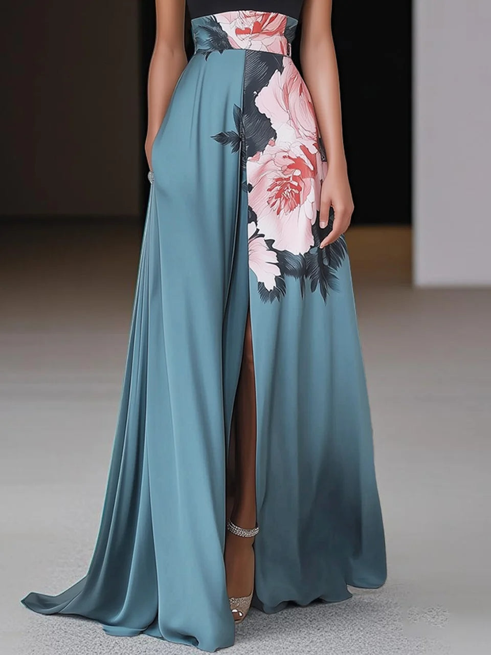 Paige | Women Summer Black Slit Floral Classic Crew Neck Sleeveless A-Line Maxi Dress