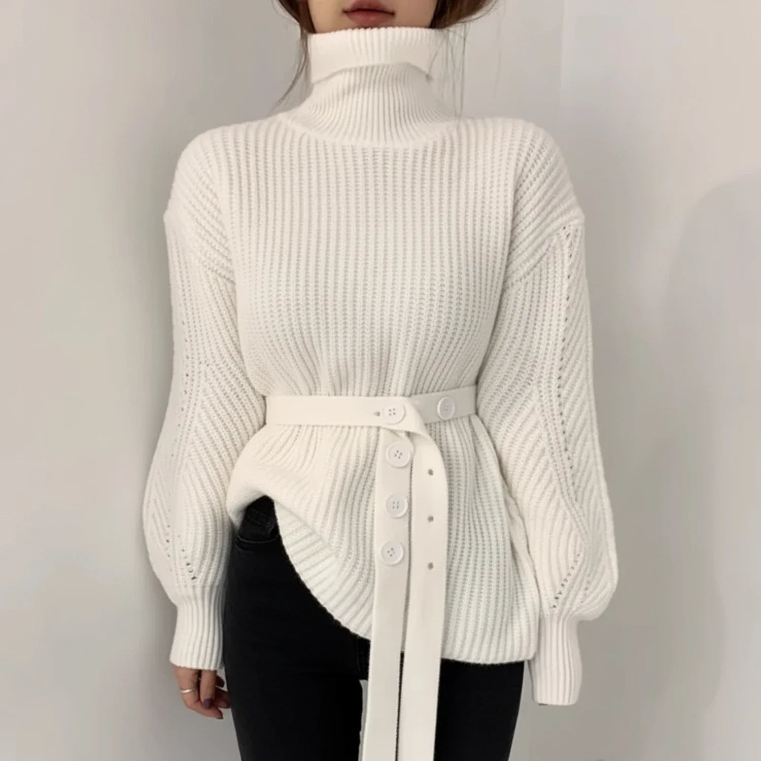 Belted Turtleneck Sweater for Women