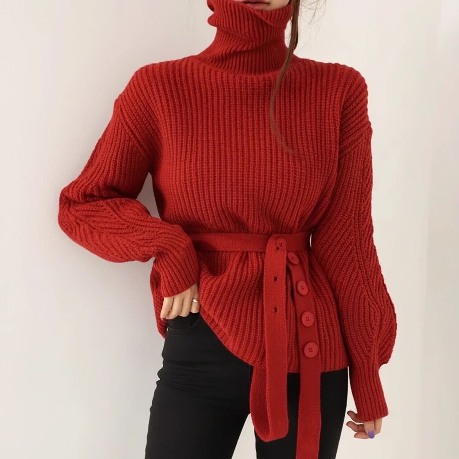 Belted Turtleneck Sweater for Women