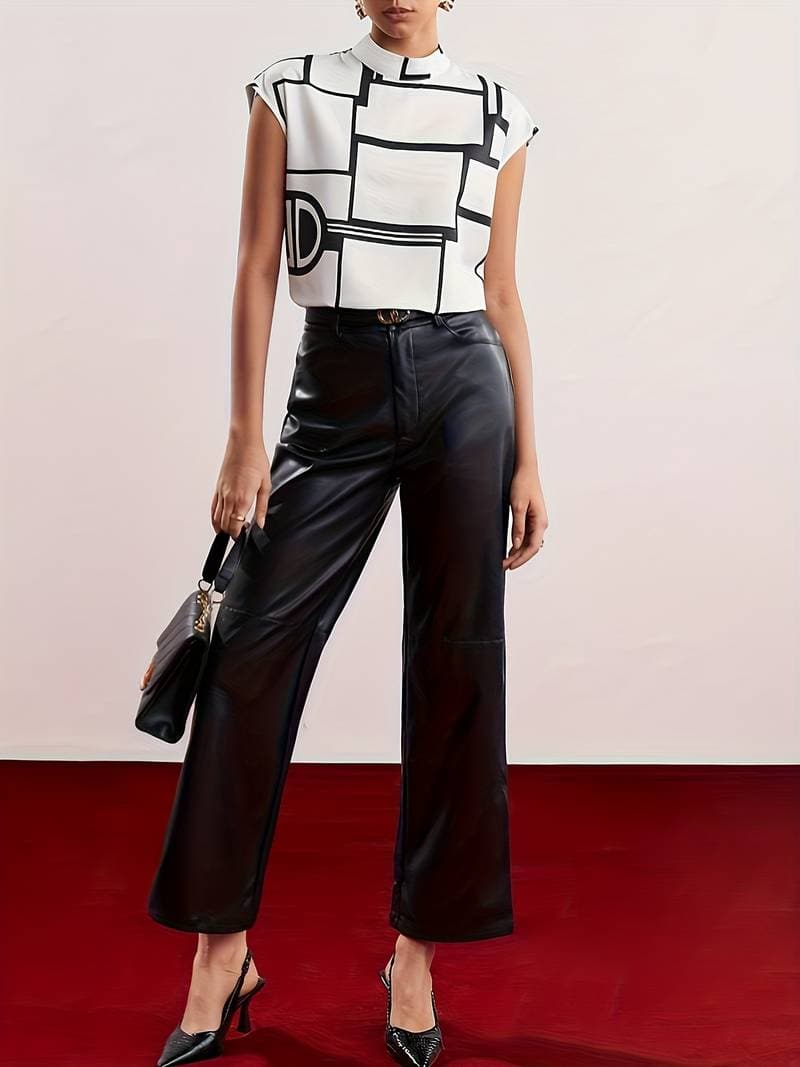 Ellen | Women's Sleeveless Mock Neck Graphic Print Blouse