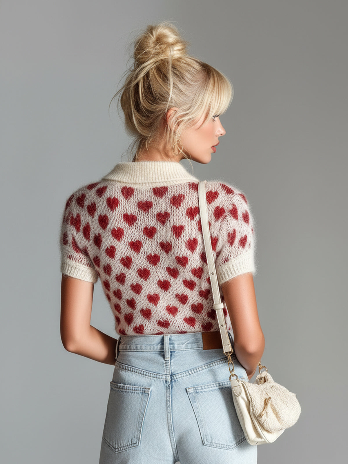 Judie | Women's Heart Print Short Sleeve Sweater Polo Shirt