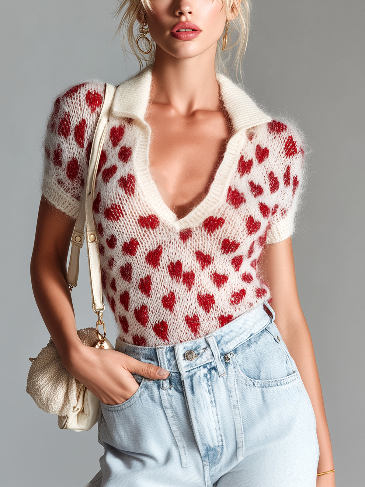 Judie | Women's Heart Print Short Sleeve Sweater Polo Shirt