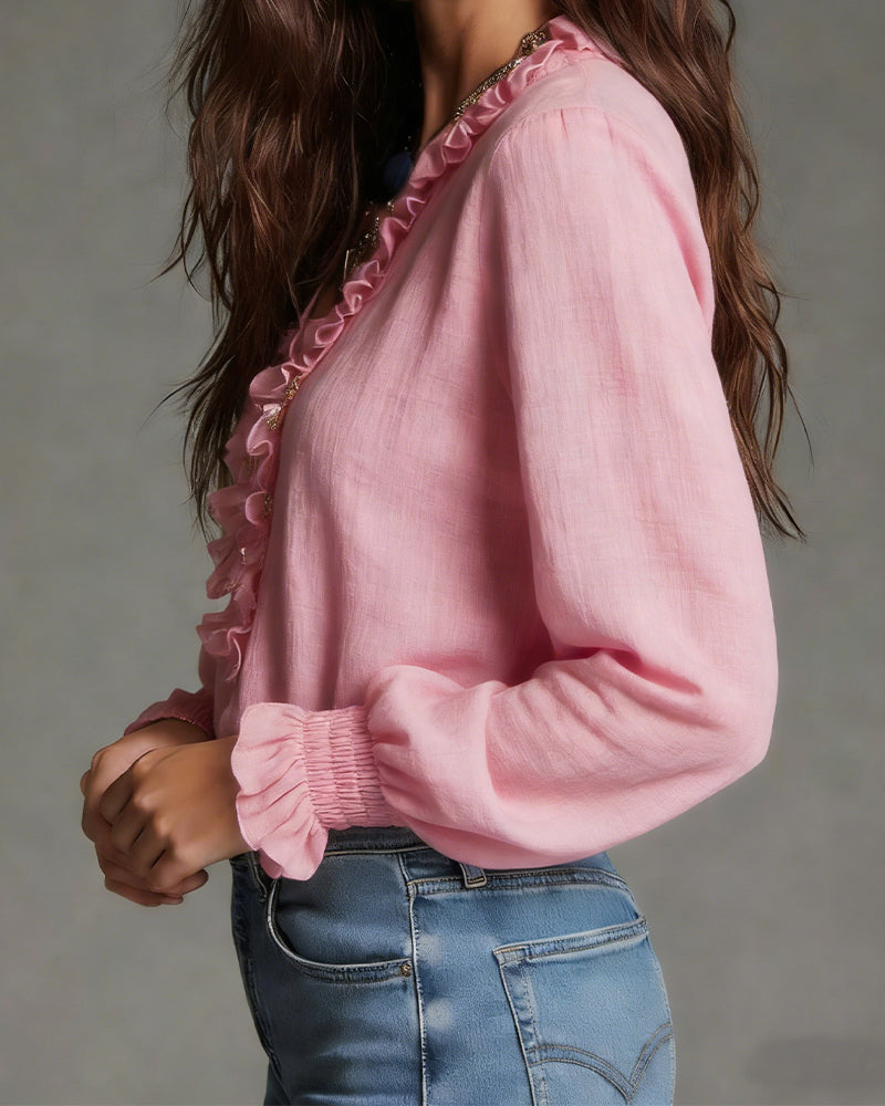 Kelly | Women's Ruffle Front Long Sleeve Blouse