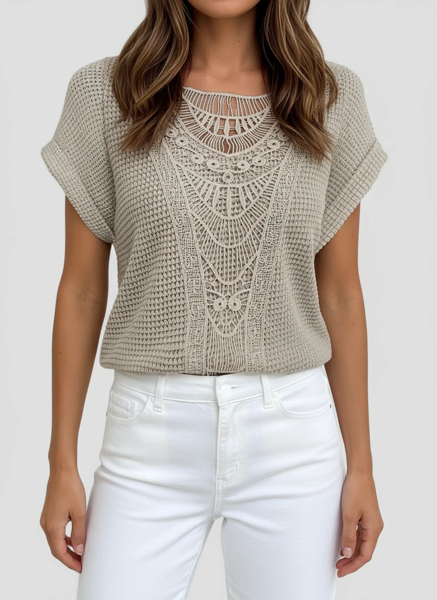 Lace Yoke Knit Blouse for Women