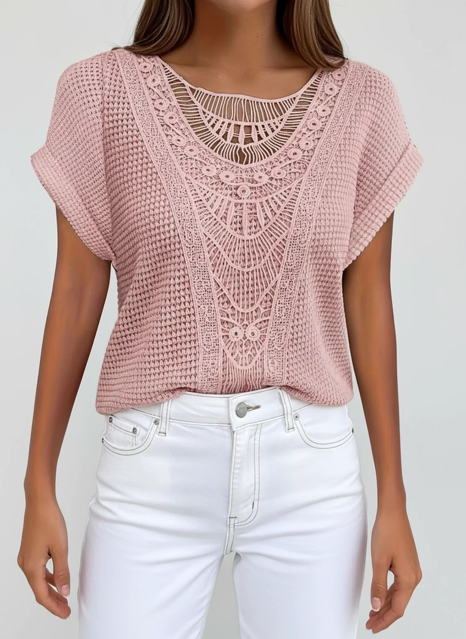 Lace Yoke Knit Blouse for Women
