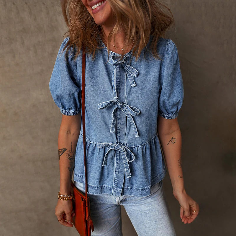 Lucille | Women's Tie Front Denim Blouse