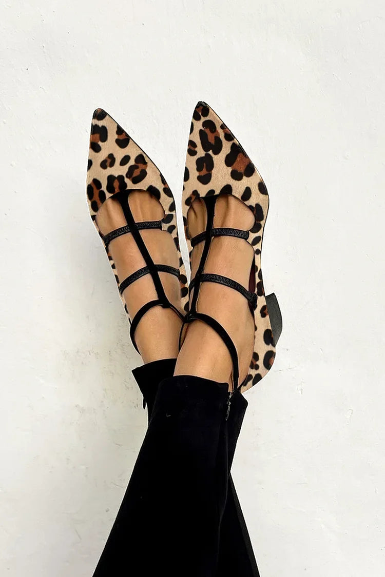 Lucy | Women's Pointed Toe Leopard Print Strappy Flats