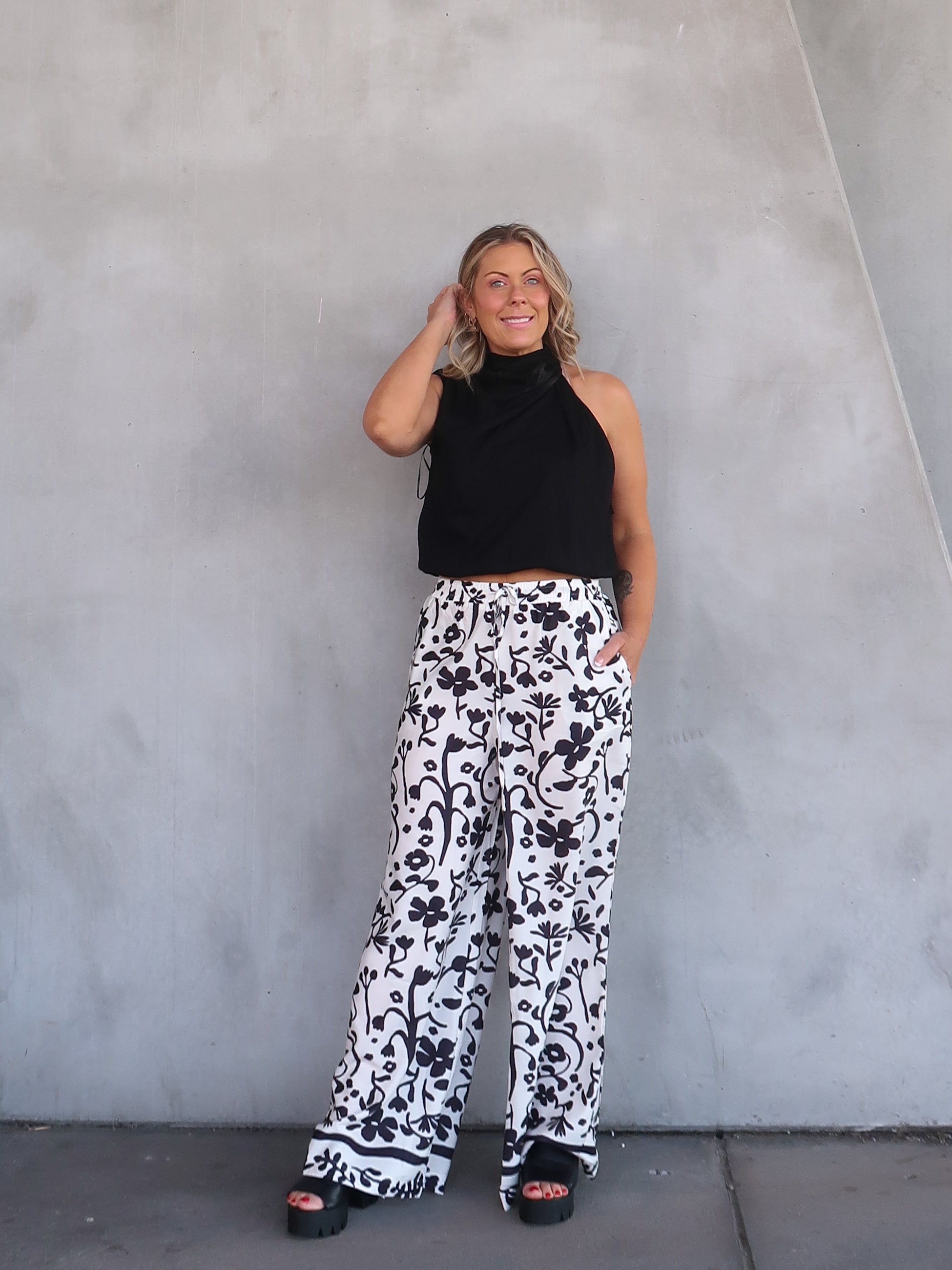 Natalie | Women's High-Waisted Floral Print Wide Leg Pants