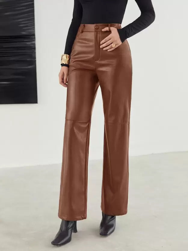 Roxanne | Women's High-Waisted Faux Leather Wide Leg Pants