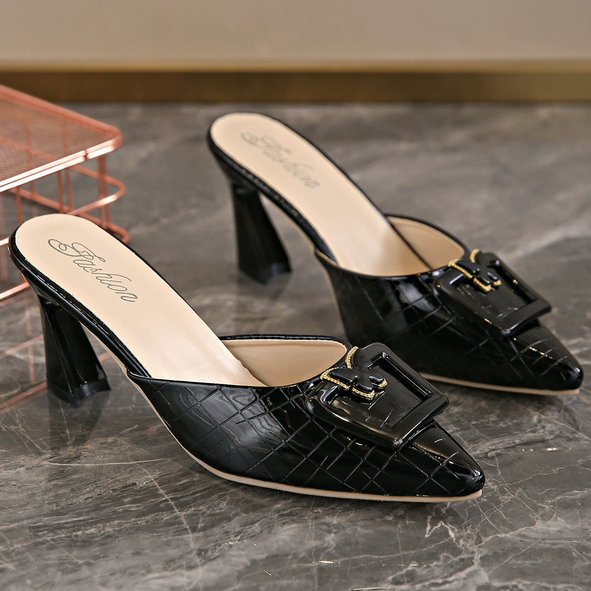 Whitney | Women's High Heel Buckle Slip-On Mules