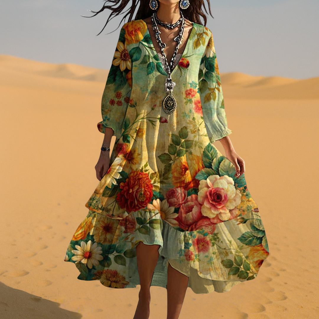 Mia | Women Summer Vintage Boho V-neck Midi Dress