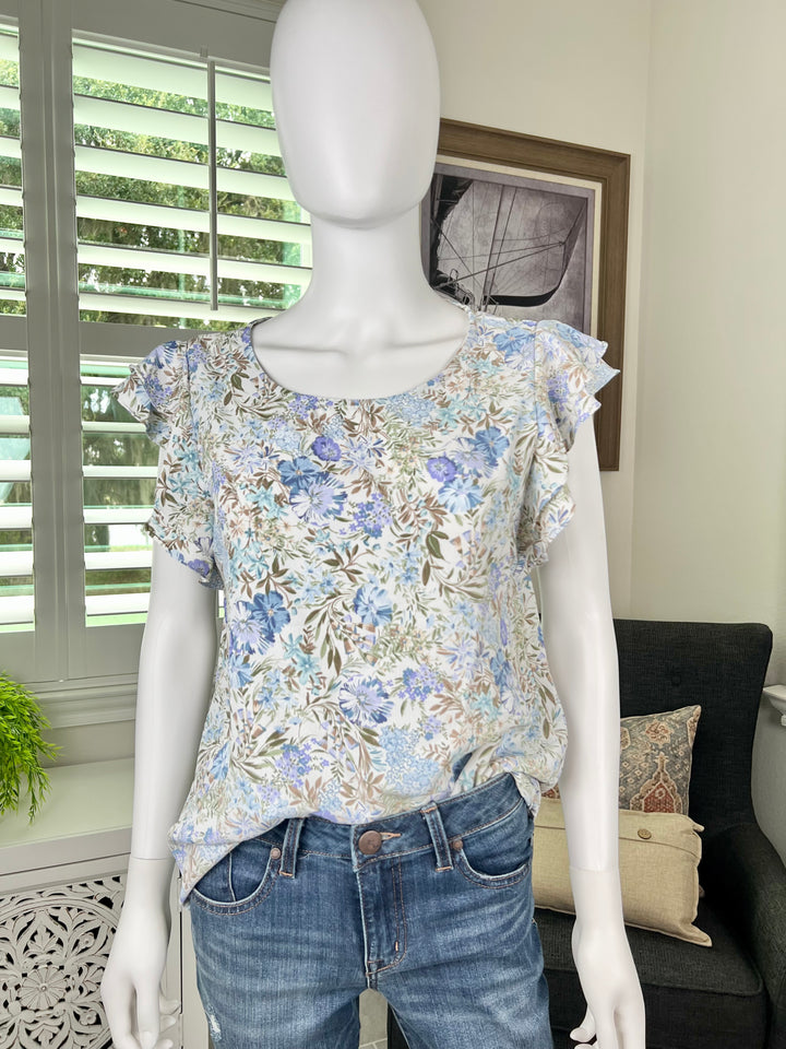 Floral Print Double Ruffled Cap Sleeve