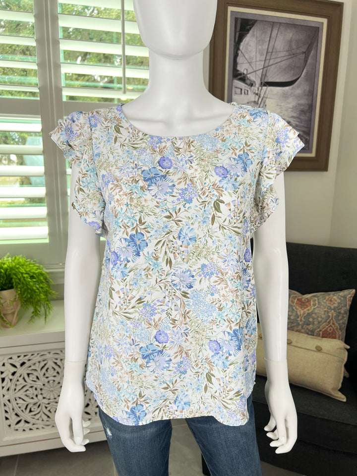 Floral Print Double Ruffled Cap Sleeve