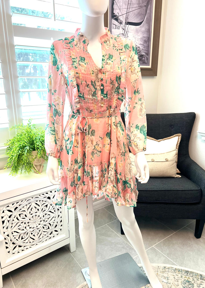 Long Sleeved Pink Floral Mini Dress