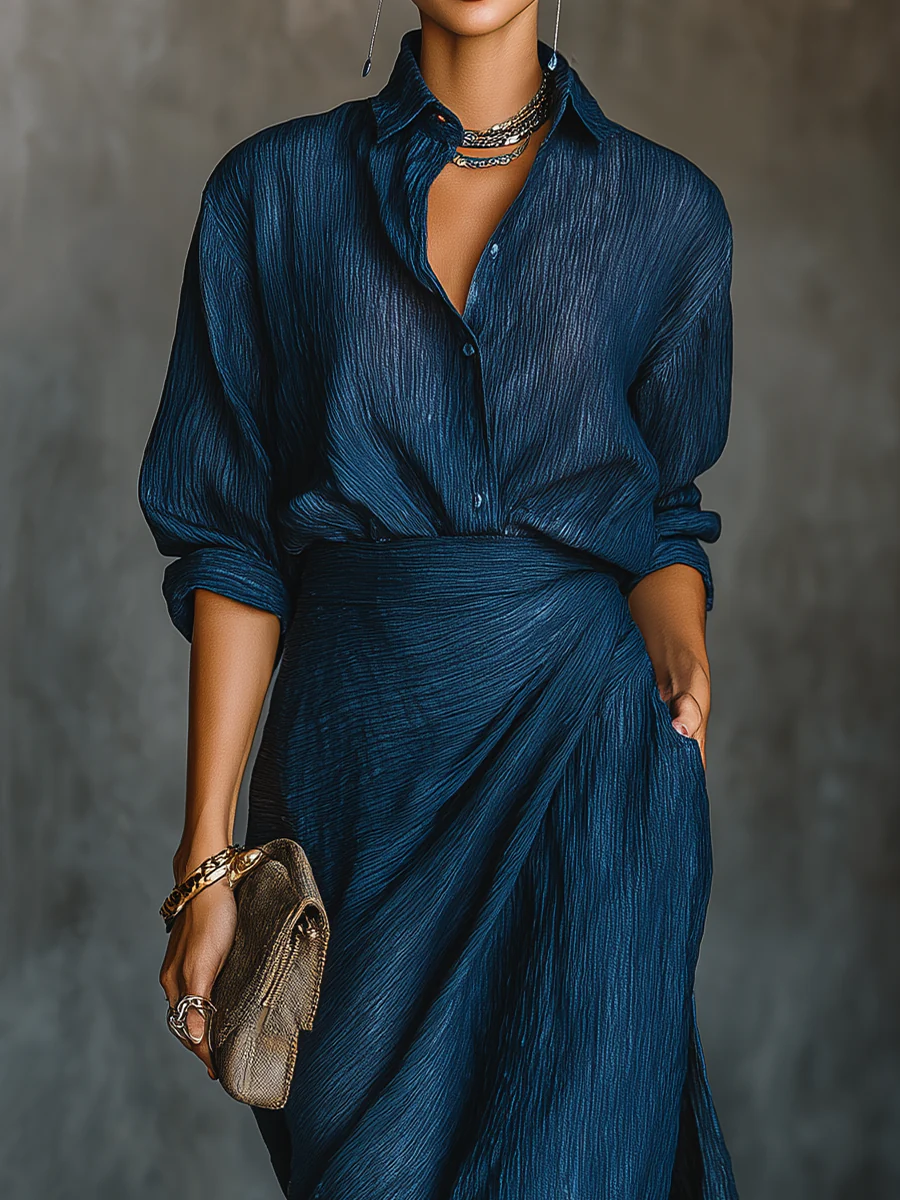 Maria | Women Summer Elegant Dark Blue Shirt & Long Skirt Set