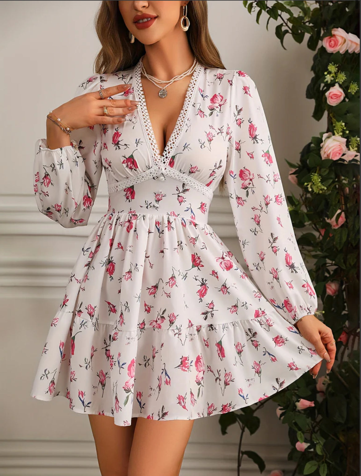 Carolyn | Women's Long Sleeve V-Neck A-Line Mini Dress