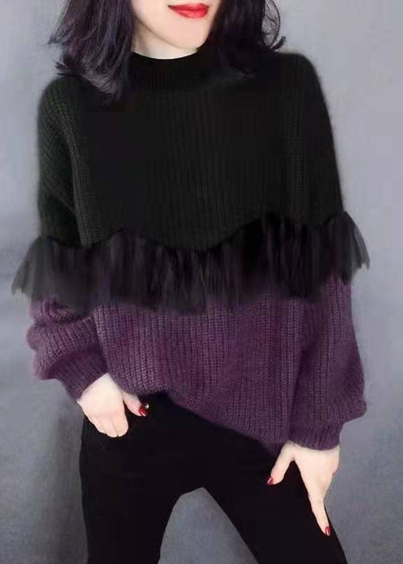 Catherine | Women's Color Block Ruffle Trim Long Sleeve Sweater