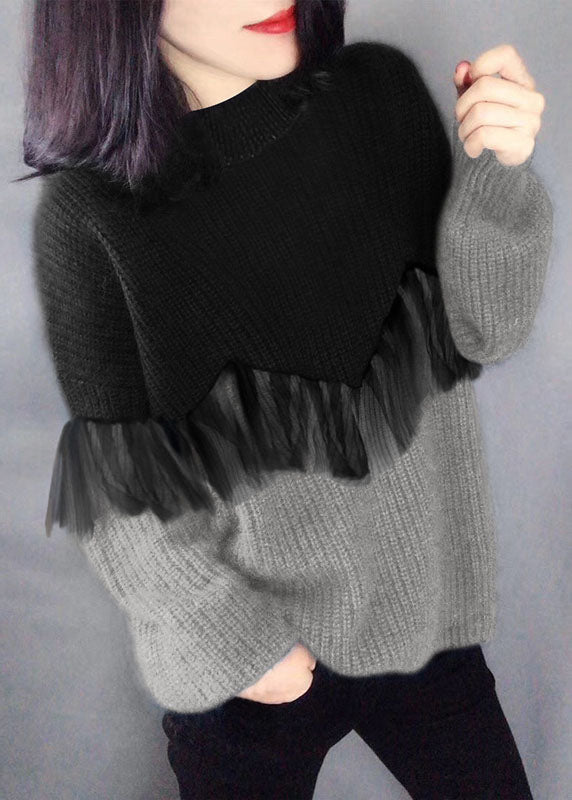 Catherine | Women's Color Block Ruffle Trim Long Sleeve Sweater