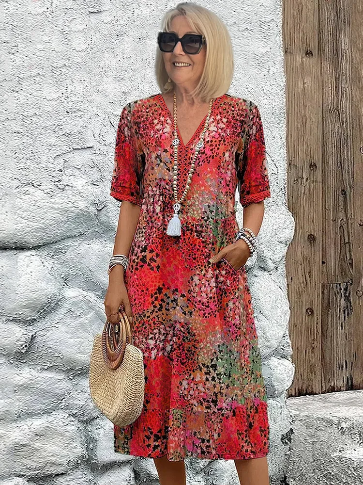 Janet | Women's V-Neck A-Line Midi Dress