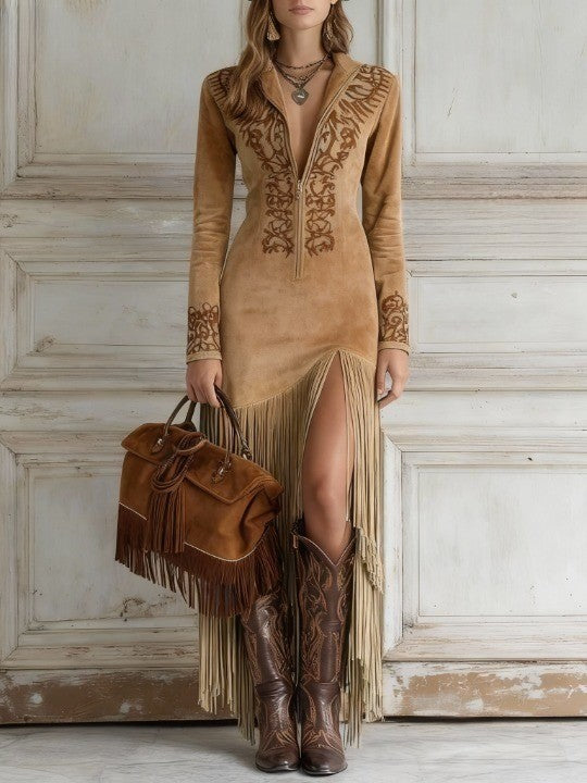 Ariana | Women Long Sleeve Fringe Maxi Dress