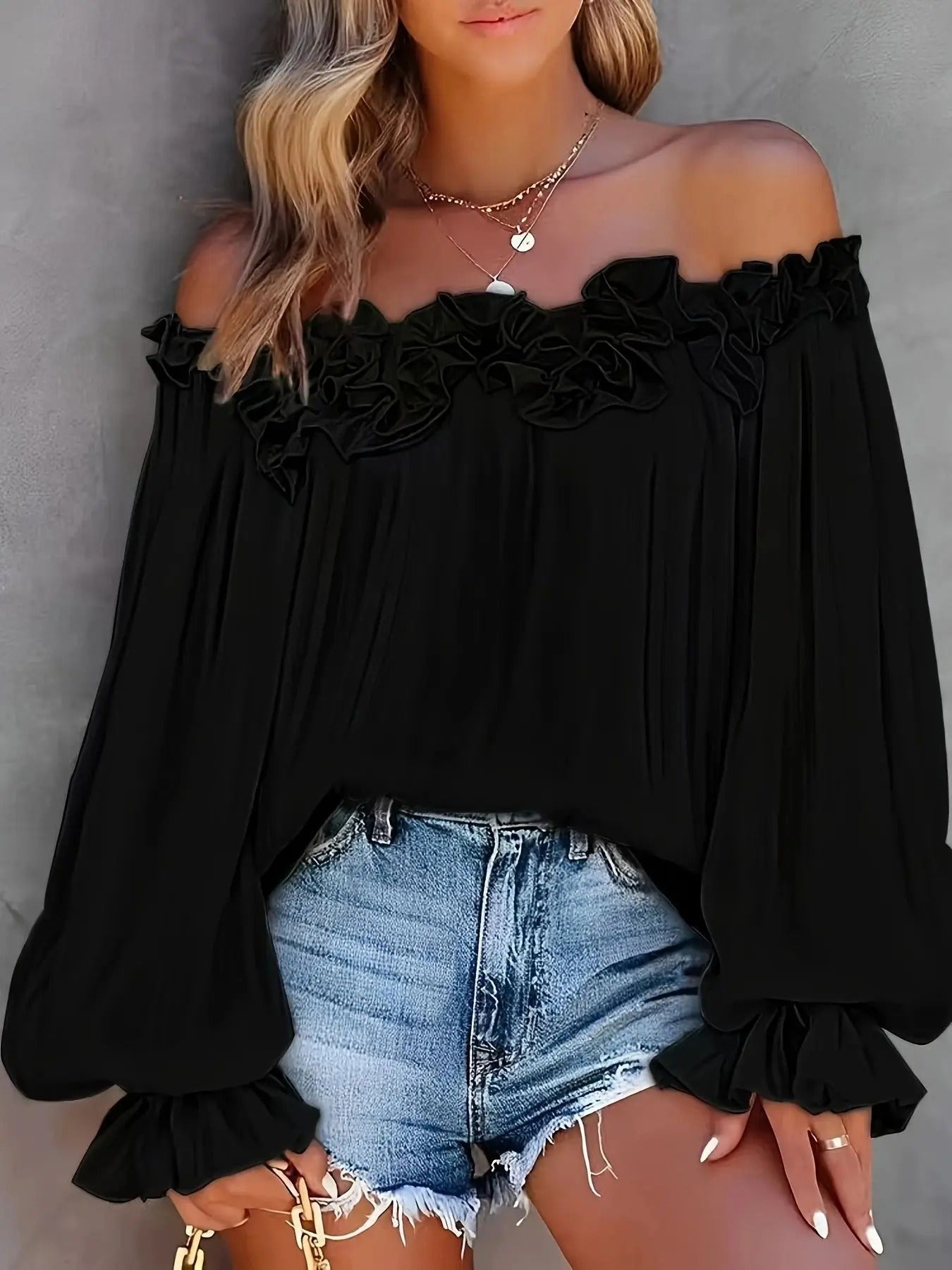 Libby | Women's Off-the-Shoulder Long Sleeve Fringe Blouse