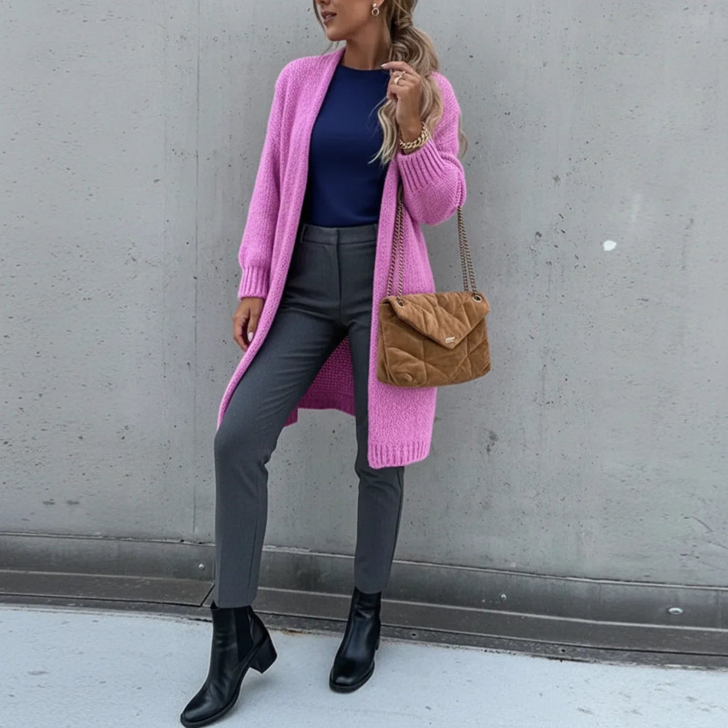 Relaxed Fit Long Open Front Cardigan for Women