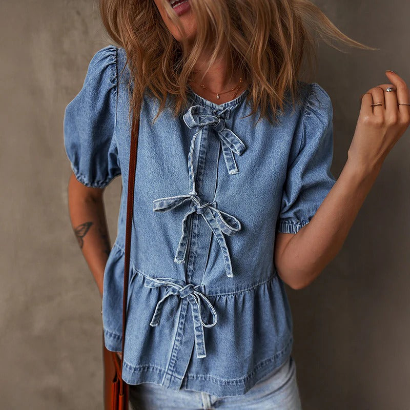 Lucille | Women's Tie Front Denim Blouse