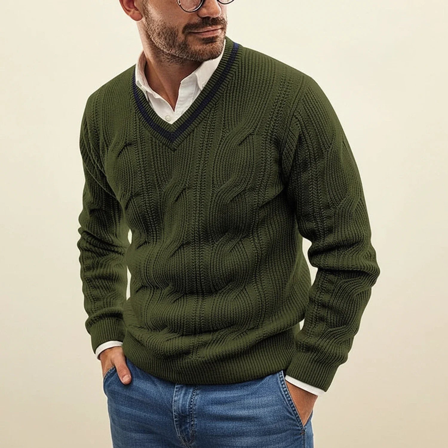 Men's Cable Knit V-Neck Sweater
